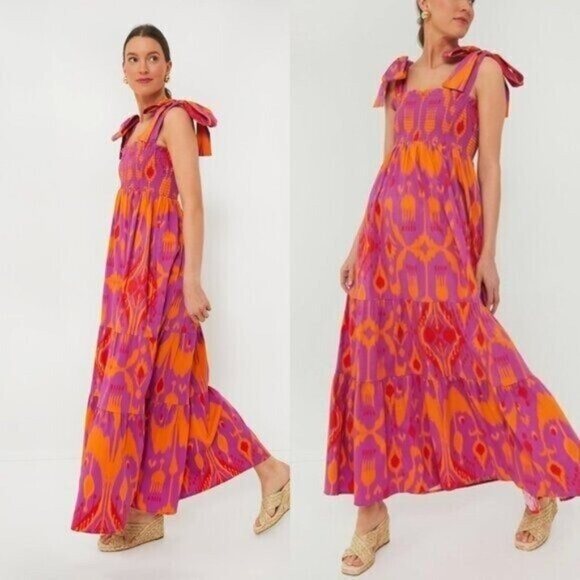 Sheridan French NEW Kelly Maxi Bow Dress in Sunset Ikat Purple Orange Size L